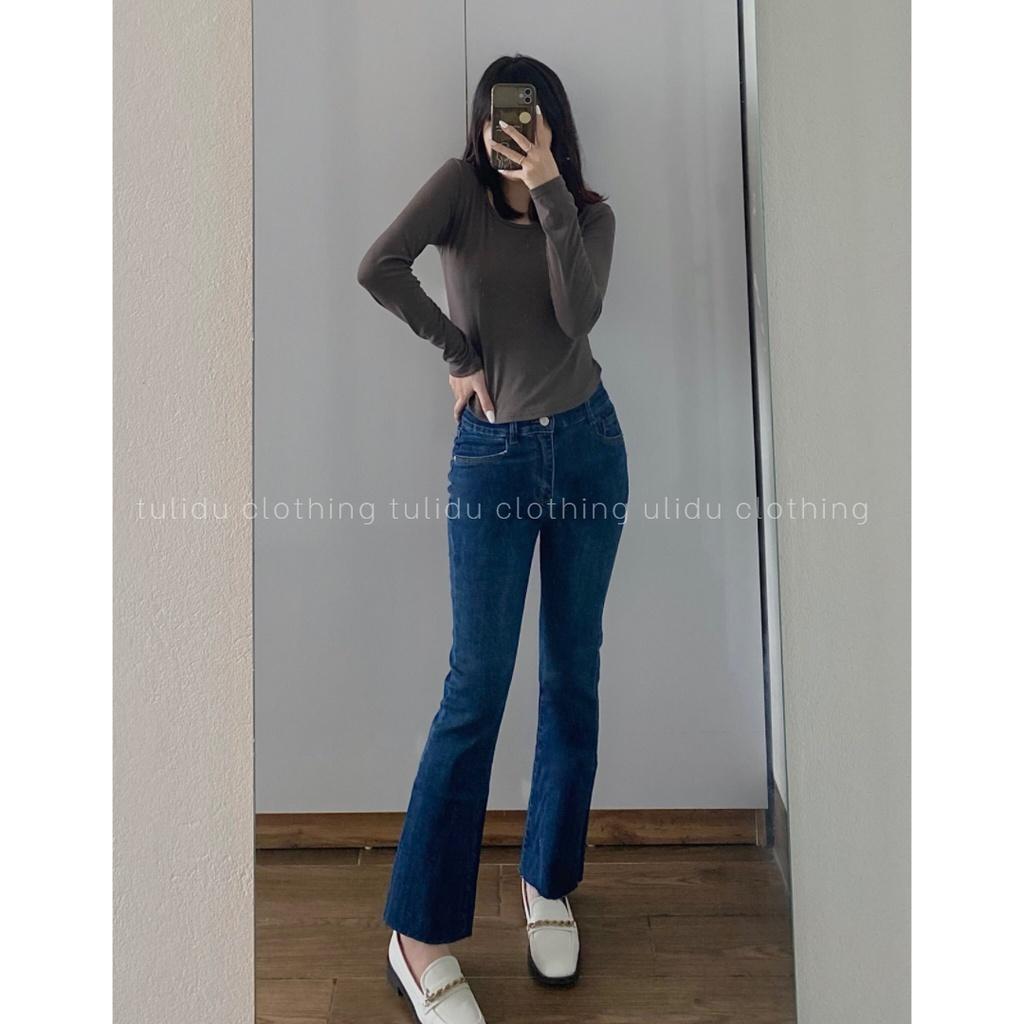 Quần Jean Ống Loe Flared Jean Lưng Cao Màu Xanh Gấu Cắt Co Giãn TULIDU Quần Bò Ống Loe #T83