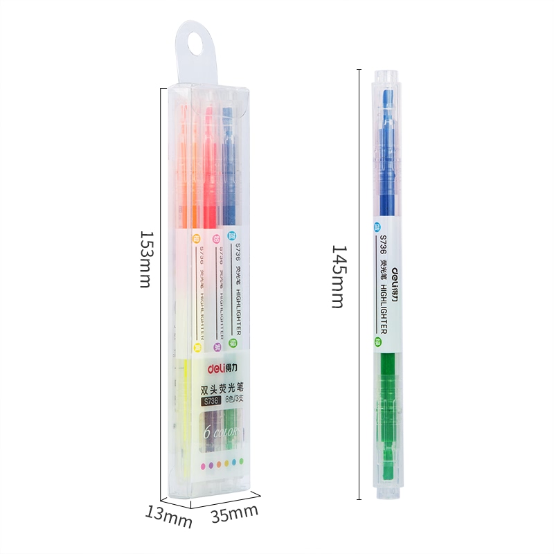 Bút highlight dấu dòng 2 đầu Deli - 3 cây 6 màu - nét trơn mượt, màu tươi sáng - 3 chiếc / Hộp - S736