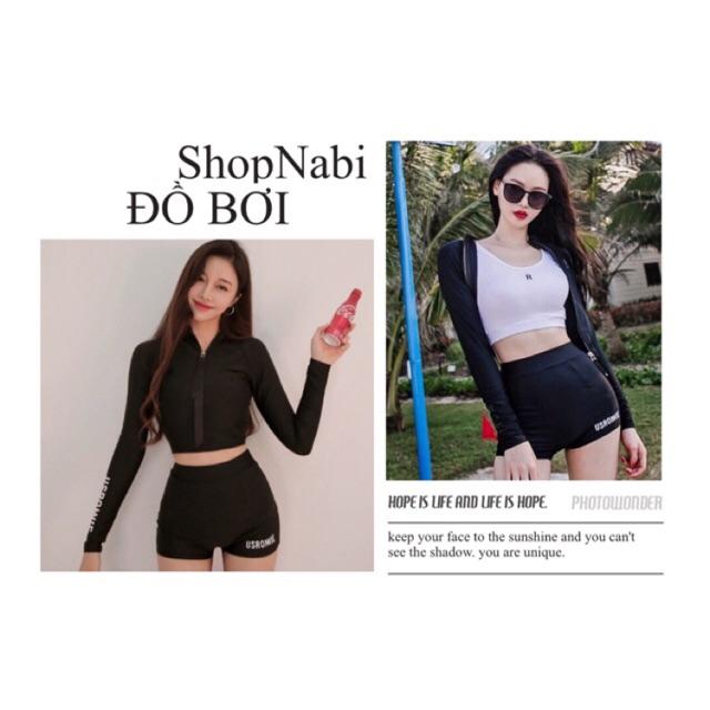 Bikini đi biển quảng châu- đồ bơi nữ tay dài kín đáo in chữ- shopnabi