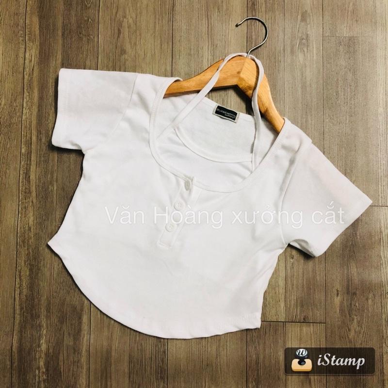 Áo croptop ngắn tay yếm liền cổ trụ vải thun gân mềm mịn