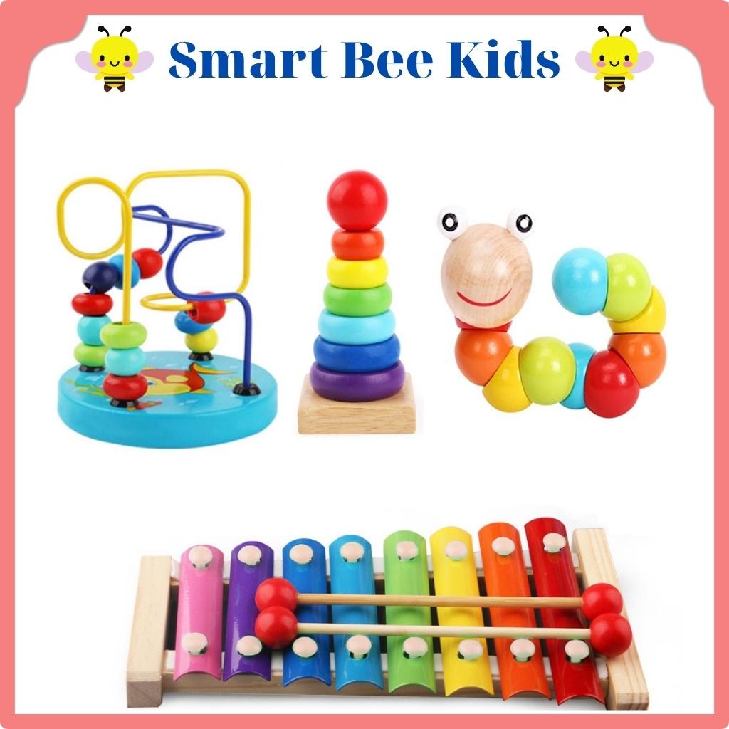Đồ Chơi Gỗ Combo 04 Món Đồ Chơi Gỗ Luồn Hạt Con Sâu Uốn Dẻo Đàn 8 Thanh Tháp Cầu Vồng