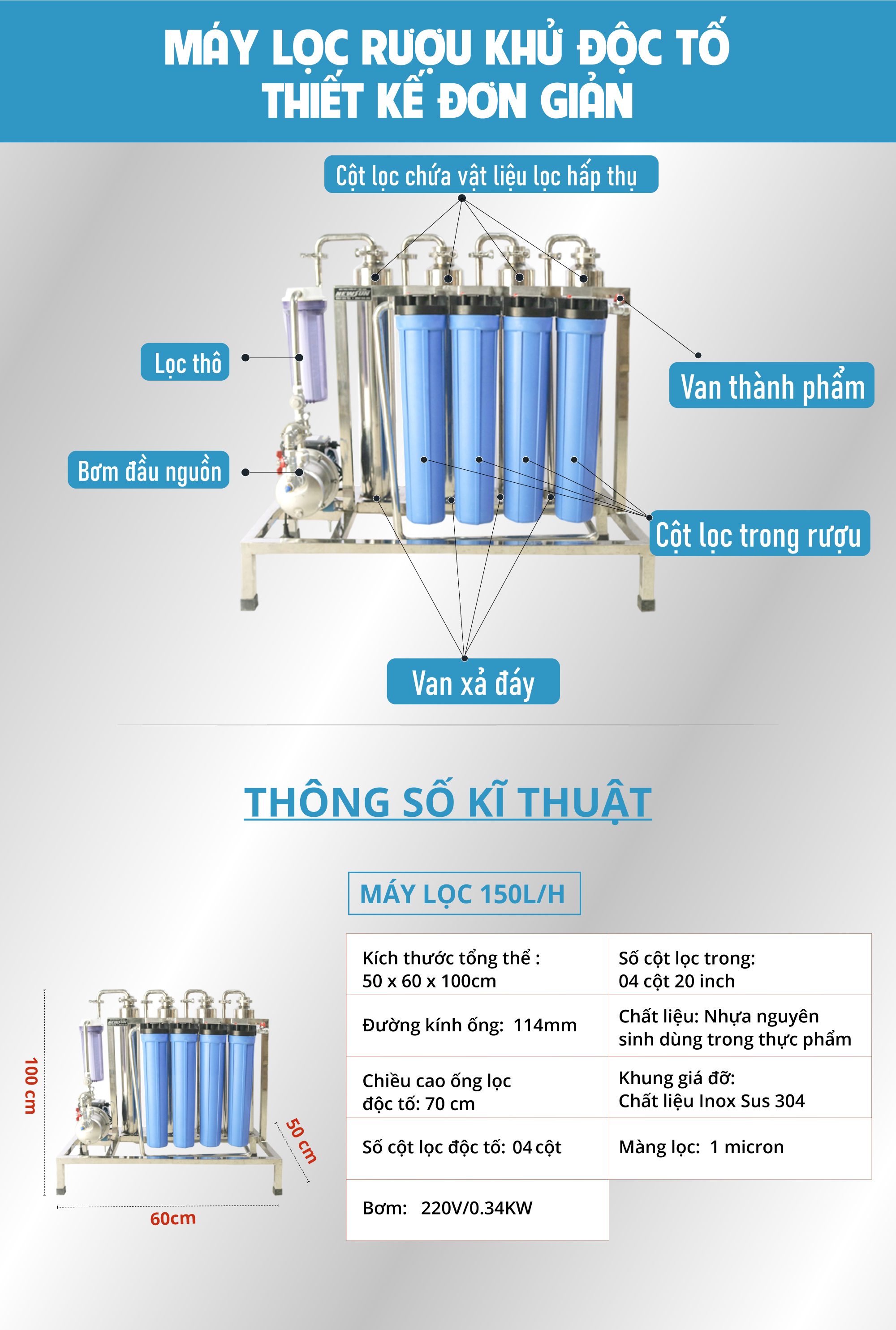 Máy lọc và khử độc tố methanol NEWSUN 150L/h lọc nhanh, thơm, ngon - Hàng chính hãng