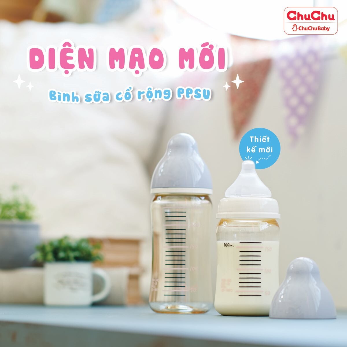 Bình sữa cổ rộng PPSU 240ML new với núm ty mềm Chuchu Baby
