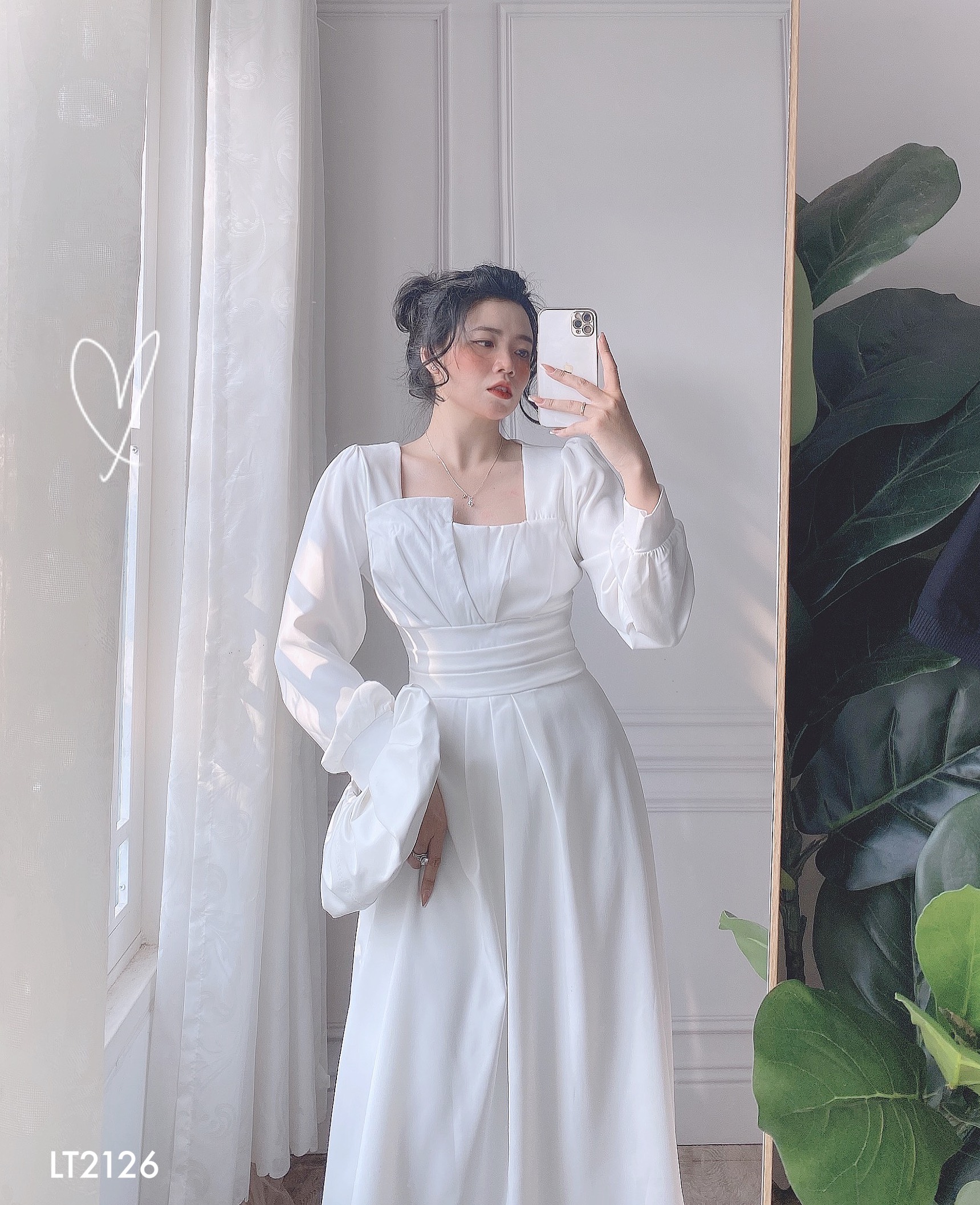 Đầm Midi Trắng Bo Eo Tay Phồng