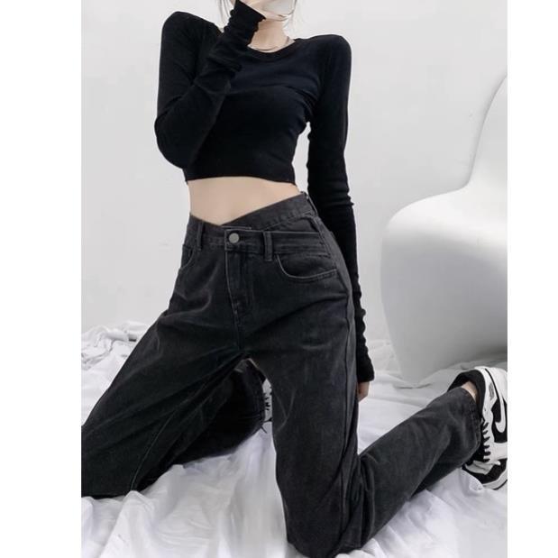 Quần Jeans Ống Rộng Xanh - Quần Ống Rộng Nữ Dáng Suông 1 Cúc Cạp Chéo Ulzzang