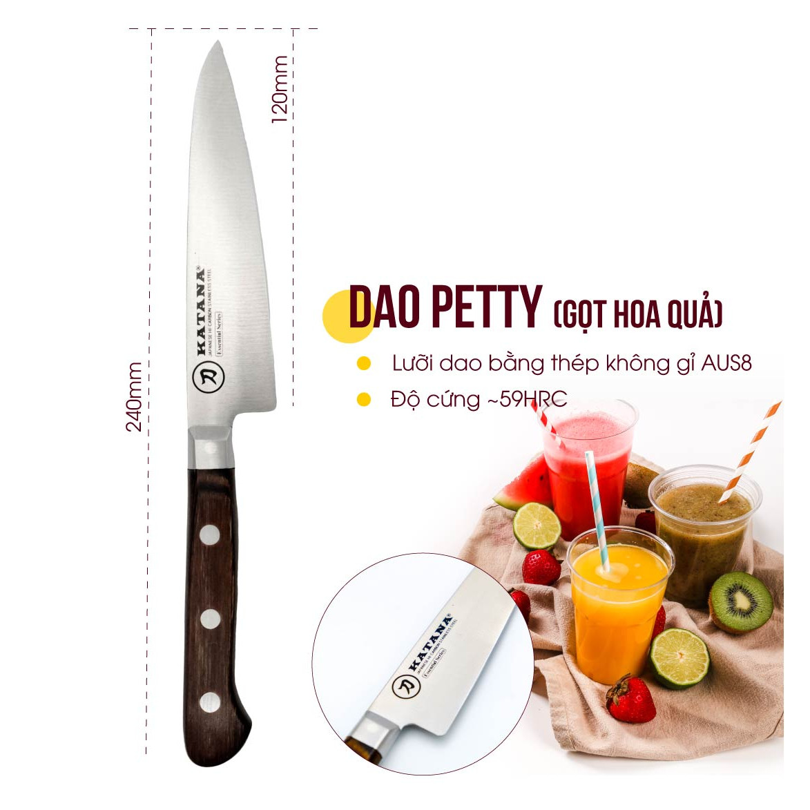 Bộ 3 chiếc dao bếp cao cấp thương hiệu KATANA (dao thái thịt cá - dao chặt - dao gọt hoa quả) - Bộ dao KATANA cán gỗ, thép chống gỉ độ cứng 59HRC KATASET001