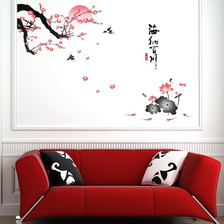 Decal Dán Tường Cành Đào Và Hoa Sen Binbin PK252 (135 x 80 cm)