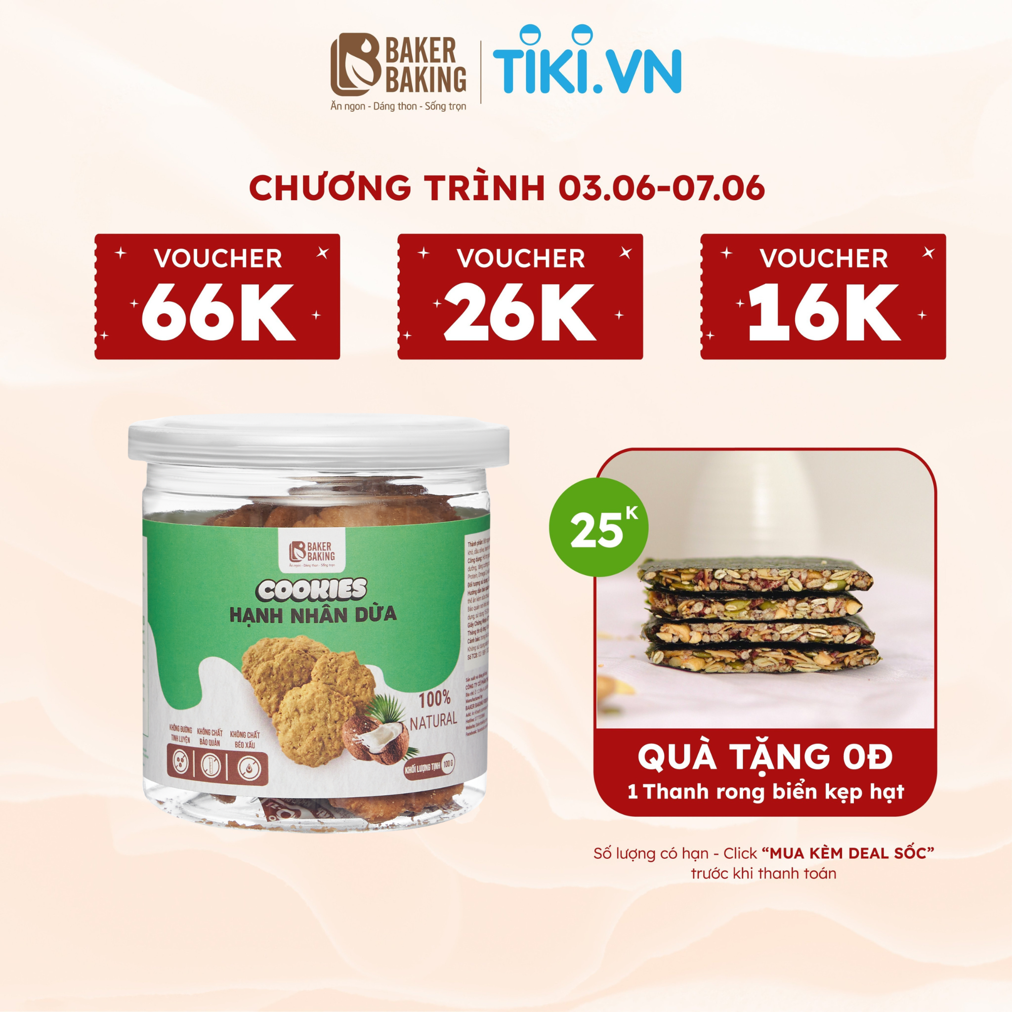 Bánh quy hạnh nhân vị dừa không đường hỗ trợ ăn kiêng Baker Baking 100-500g