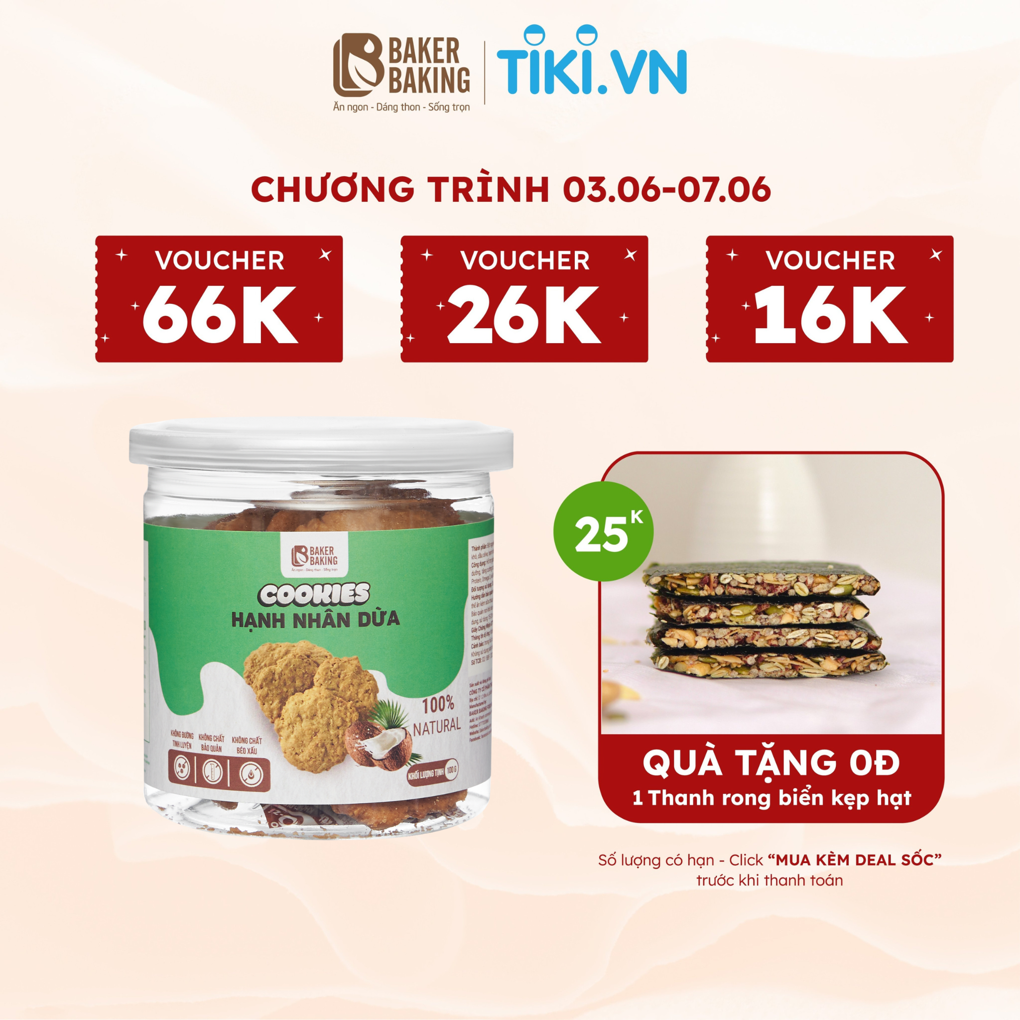 Bánh quy ăn kiêng Baker Baking hạnh nhân dừa không đường hỗ trợ giảm cân dành cho người tiểu đường, eatclean 100g