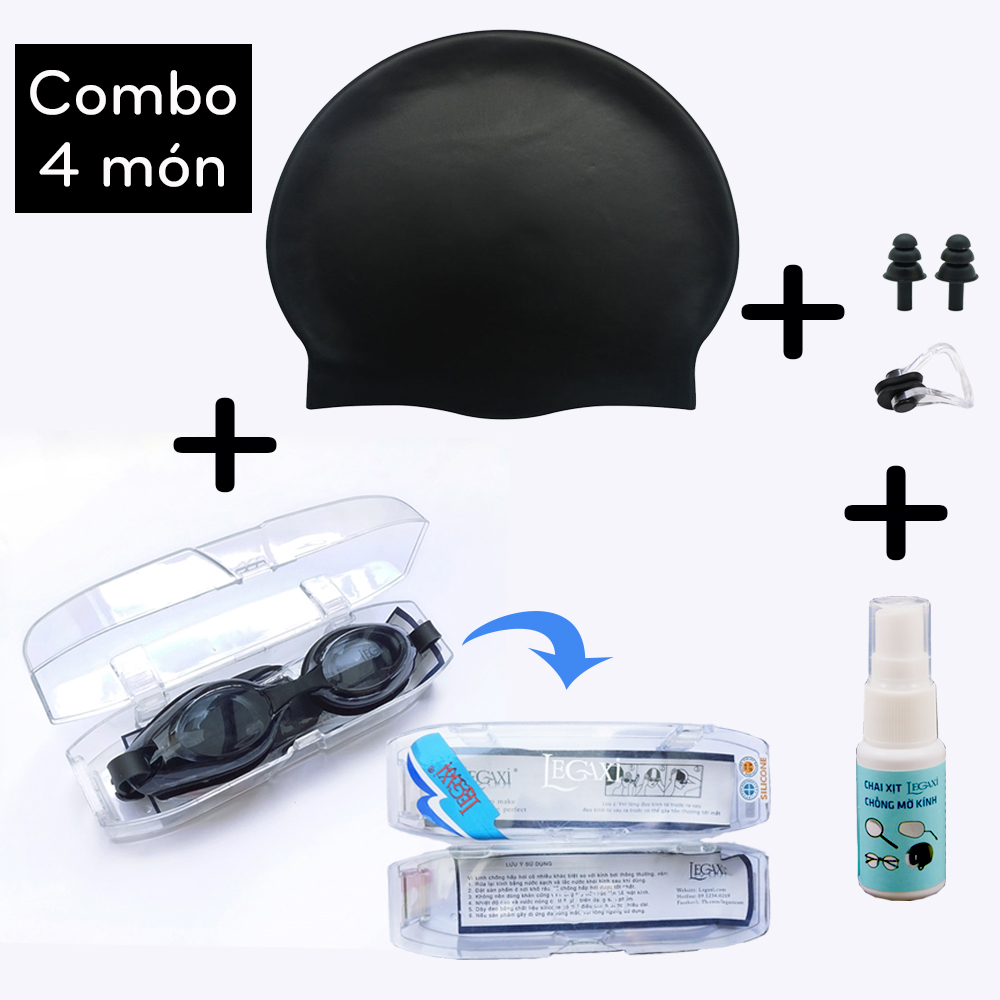 Combo kính bơi cận 0-8 độ, mũ bơi, chai xịt chống bám hơi nước, nút bịt tai, kẹp mũi đi bơi, đi biển Legaxi