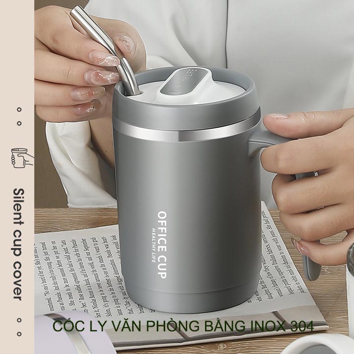 Cốc ly uống cà phê, trà 500ml cho dân văn phòng, loại 2 lớp trong inox 304 ngoài nhựa PP kèm ống hút