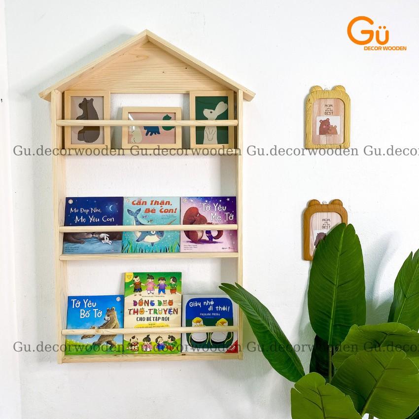 Gía sách cho bé, giá để sách treo tường hình ngôi nhà bằng Gỗ, trang trí phòng trẻ em