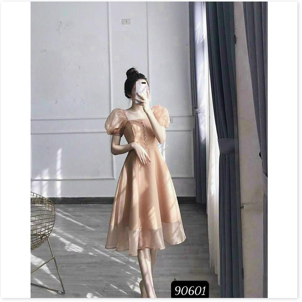 Đầm phối voan kiếng có nút sang trọng , tôn dáng cho các phu nhân THỜI TRANG LANO STORE
