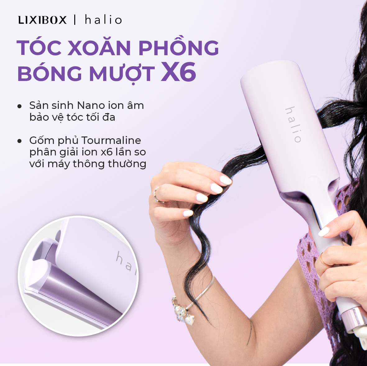 Máy Uốn Tóc Halio instaGlam Premium Hair Styler Tạo Xoăn Sóng Nước Hippie - Bóng Mượt x6 lần, Trục 28mm