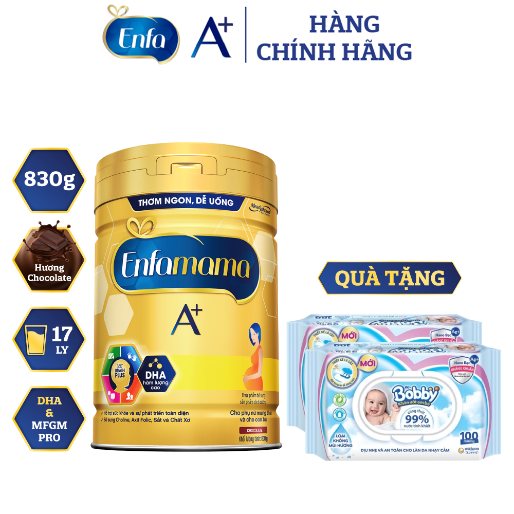 Bộ 1 Lon Sữa Bầu Enfamama 360° Brain Plus Cho Mẹ - Vị Chocolate - 830g - Tặng 2 khăn ướt Bobby