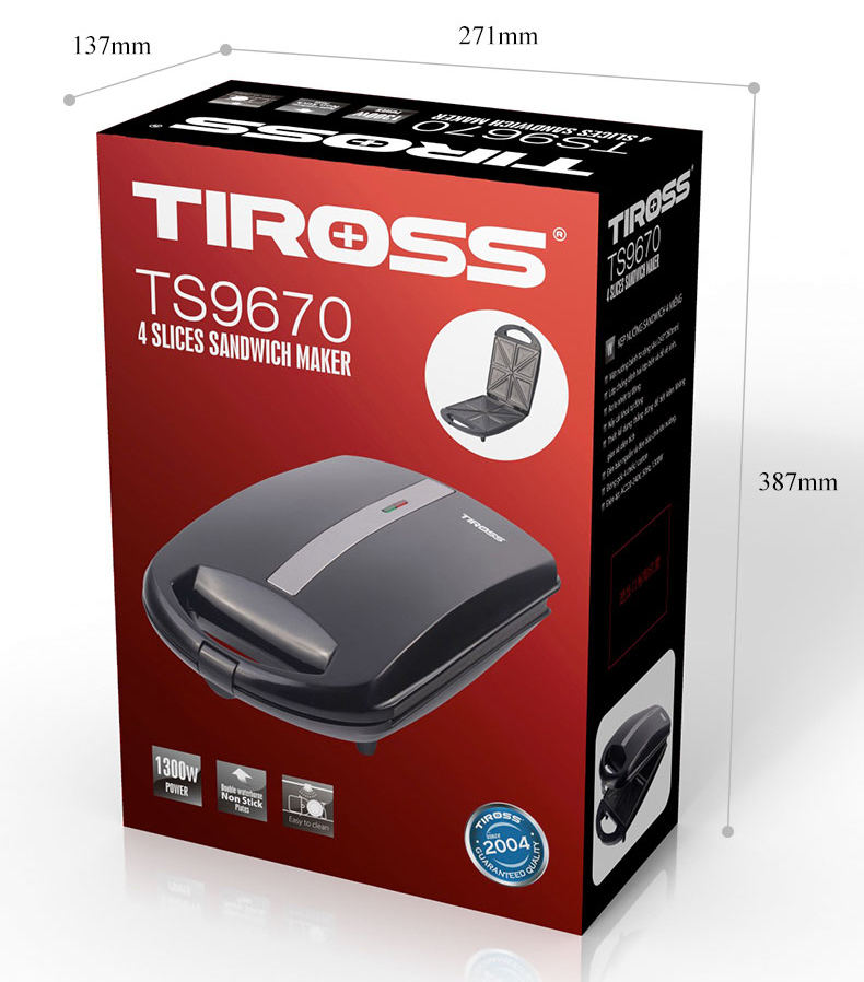 Máy kẹp nướng bánh sandwich 4 ngăn Tiross TS9670 - Hàng chính hãng