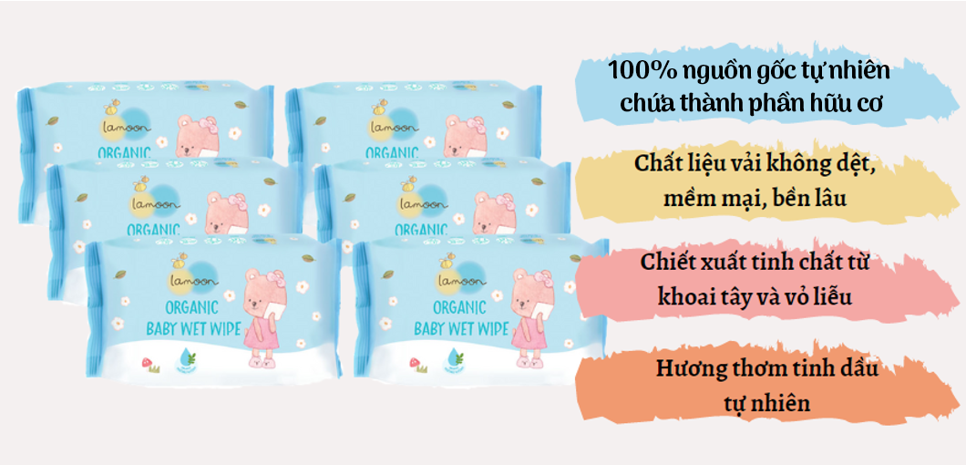 Combo 6 bịch khăn ướt du lịch Organic cho bé Lamoon - Loại 20 miếng