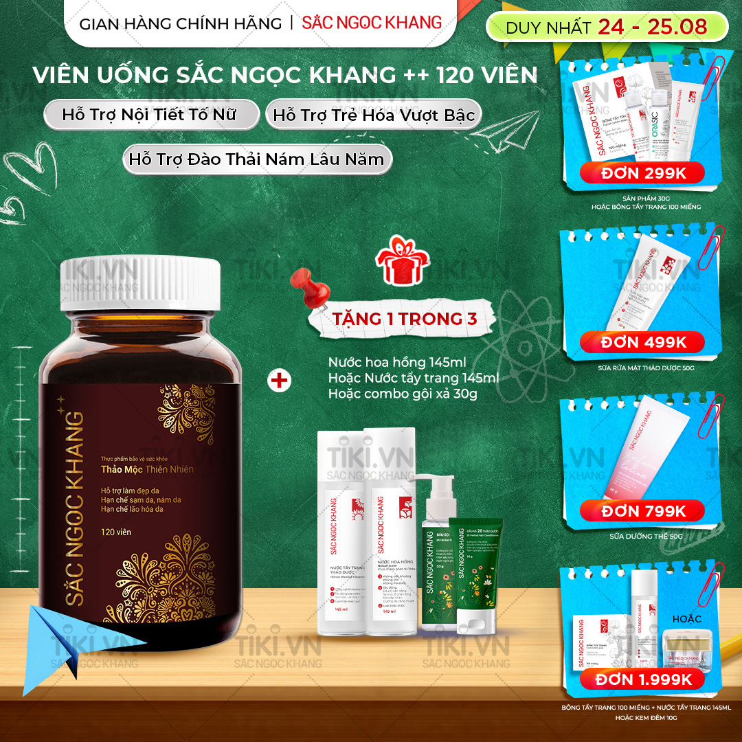 Viên uống Sắc Ngọc Khang  120 viên giúp trẻ hóa Làn da làm mờ sạm nám tàn nhang hiệu quả, tăng cường tính đàn hồi cho làn da, hỗ trợ cải thiện và phục hồi da bị lão hóa vượt trội