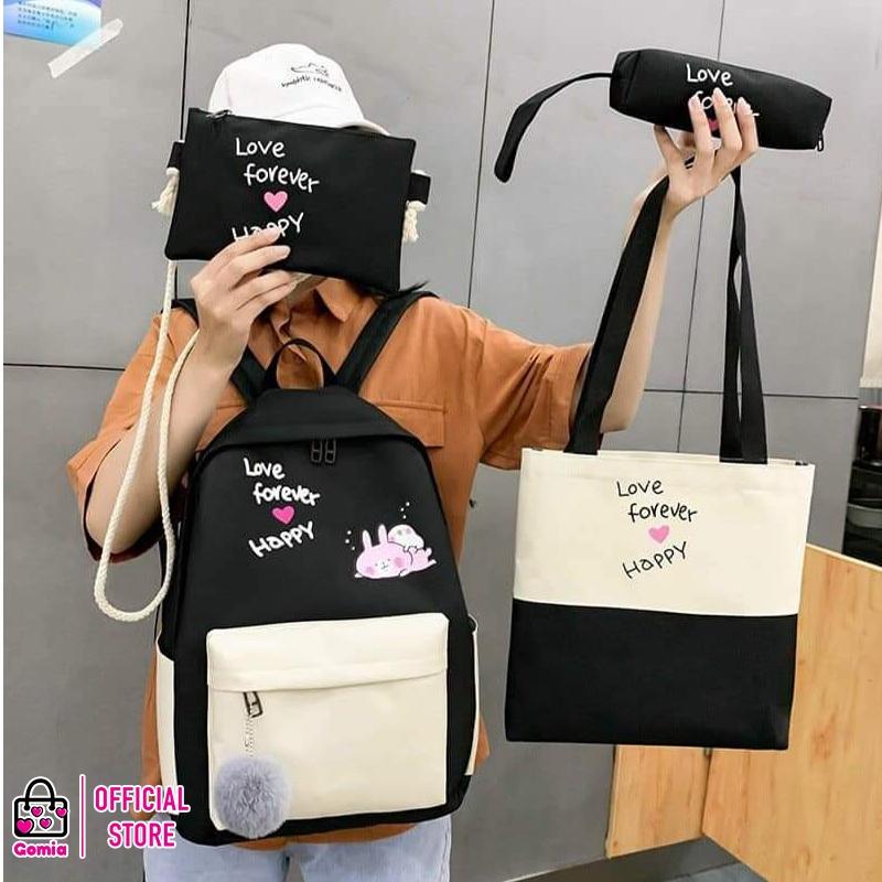 Set Balo 4 món Thỏ hồng Love Forever Happy màu sắc dễ thương dành cho học sinh sinh viên GOMIA BLS5092