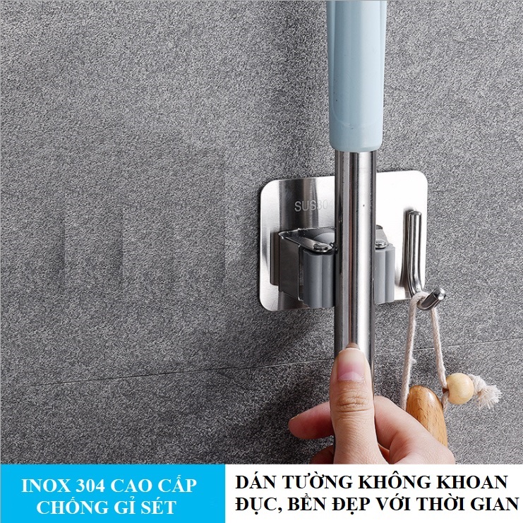 Bộ 2 Giá Treo Cây Lau Nhà có Móc Treo Đồ Inox 304 Cao cấp - Móc Treo Chổi Dán Tường Siêu Chịu Lực