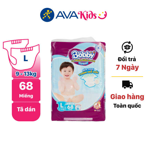 Tã dán Bobby siêu thấm size L 68 miếng (cho bé 9 - 13kg)