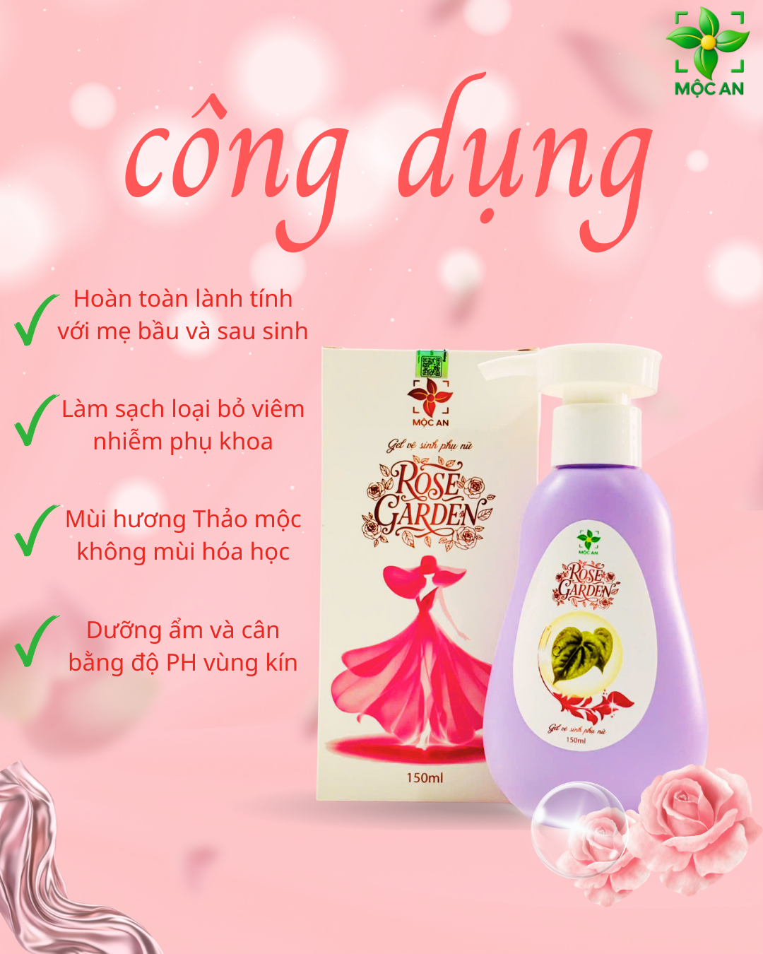 MUA 1 TẶNG 1 Dung Dịch Vệ Sinh ROSE GARDEN Hộp 150ml MỘC AN Thành Phần Lá Trầu Không, Nha Đam, Tía Tô, Bạc Hà