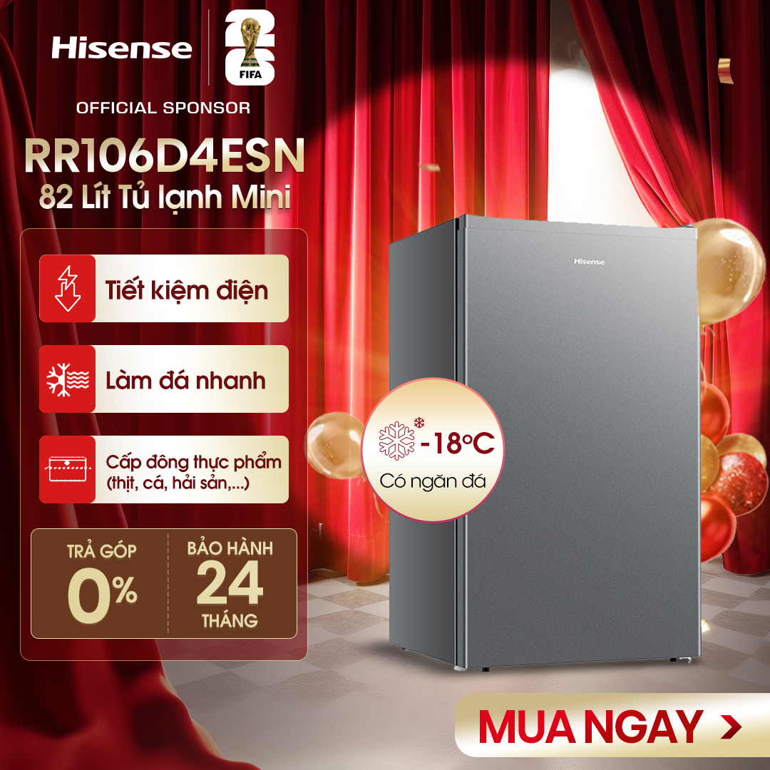 Tủ lạnh mini có ngăn đá Hisense 82 lít RR106D4EBN/RR106D4ESN Tiết kiệm điện, Trả Góp 0% - HÀNG CHÍNH HÃNG