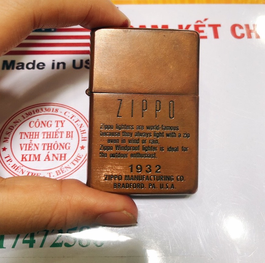 Bật lửa Zippo Mỹ Vintage mạ Copper, đầu bằng, đít bằng, khắc ăn mòn Zippo 1932, sản xuất 1994, Hàng chính hãng