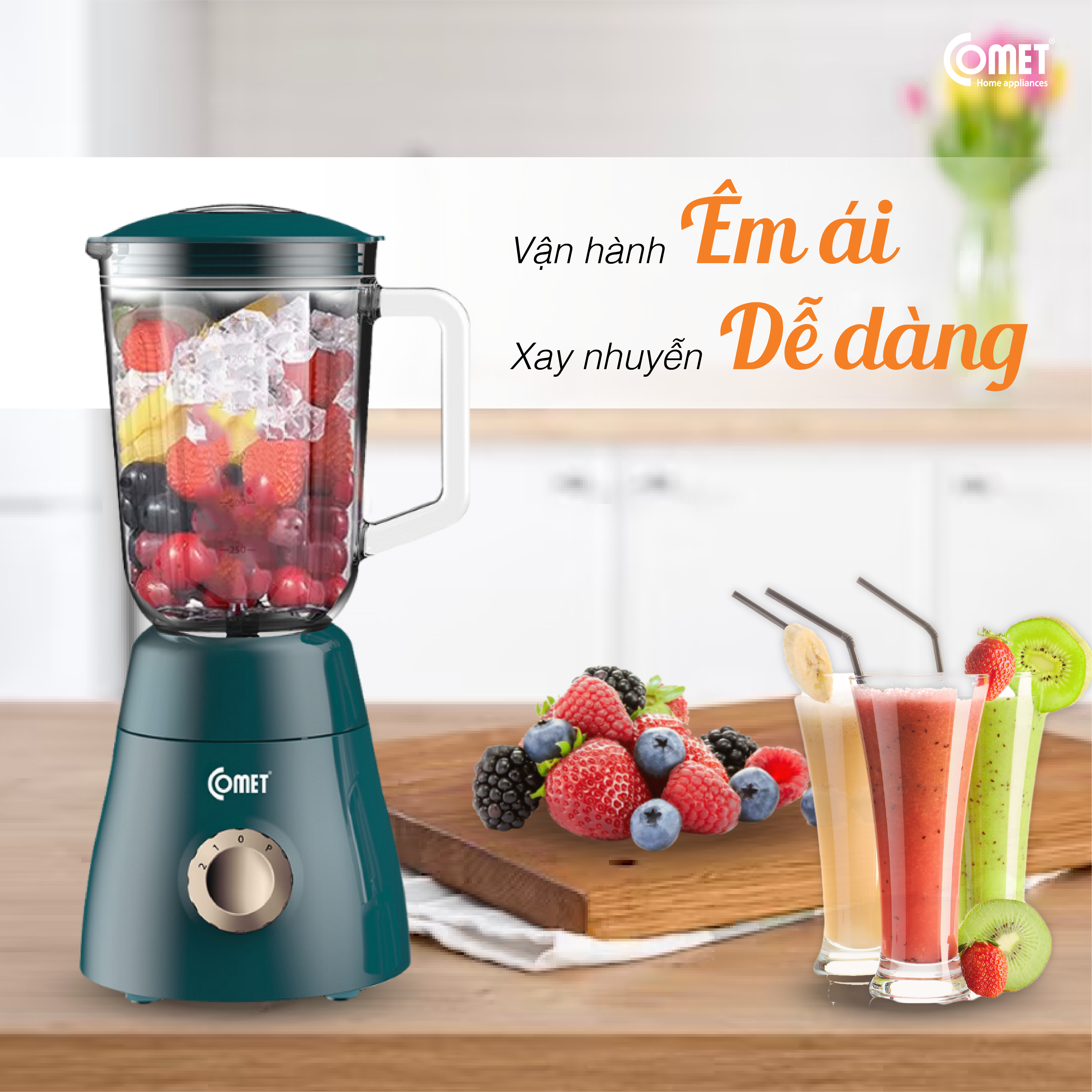 Máy xay sinh tố Comet CM9979 – 3 cối thủy tinh và nhựa cao cấp, công suất 450W – Xay sinh tố, thịt, hạt – Dung tích 1.5L – Hàng chính hãng, bảo hành 1 năm