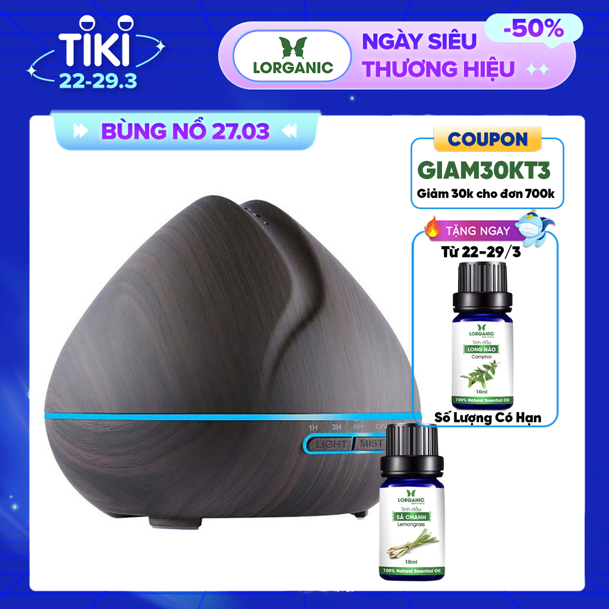 Combo máy khuếch tán/ máy xông tinh dầu Lorganic quả đào vân rạn FX2059 + tinh dầu sả chanh Lorganic (10ml) LGN0367/ Thích hợp xông phòng diện tích 15-40m2