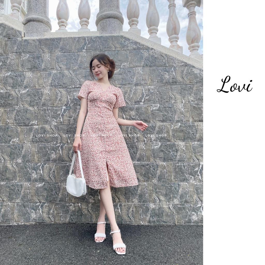 Váy đầm voan hoa nhí thiết kế nút ngọc cổ V phong cách thiểu thư vintage Lovi