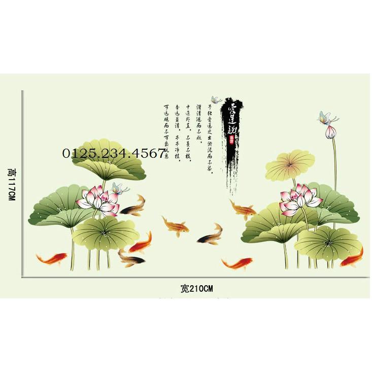 Decal dán tường combo 2 tranh tre xanh + cá và sen