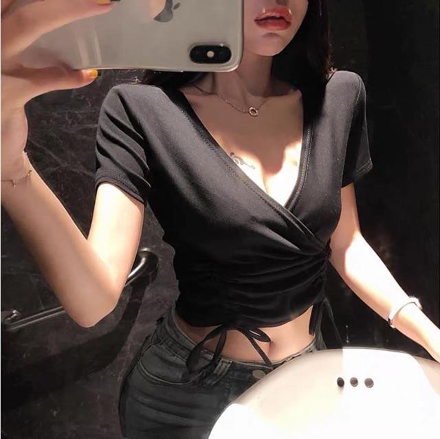 Áo Croptop Nữ Cổ V Dây Rút Eo Áo Cộc Tay Nữ Dáng Ngắn Borip Gân 2 Màu