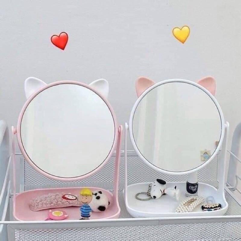 Gương trang điểm để bàn tai thỏ tai mèo đáng yêu xoay 360 độ - Gương soi tai thỏ mèo có khay để trang sức