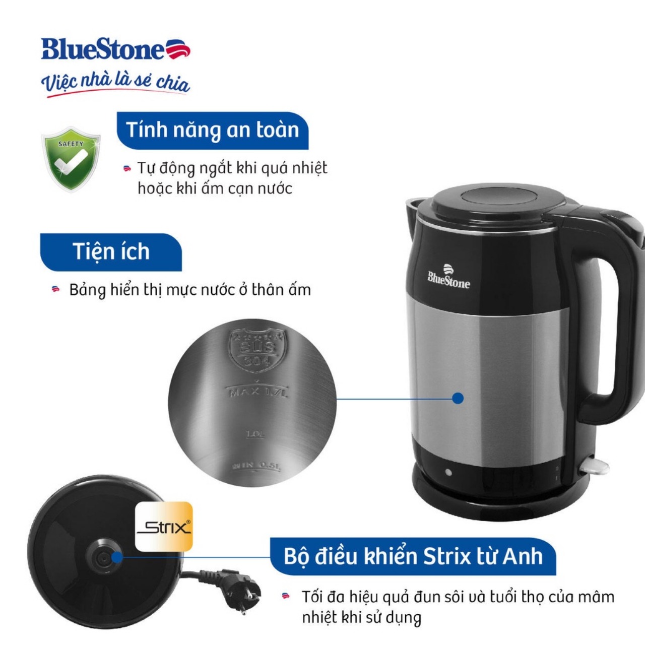 Ấm Đun Siêu Tốc BlueStone KTB-3468, 1.7Lit -1800w, 2 Lớp giữ nhiệt sang trọng, Hàng chính hãng