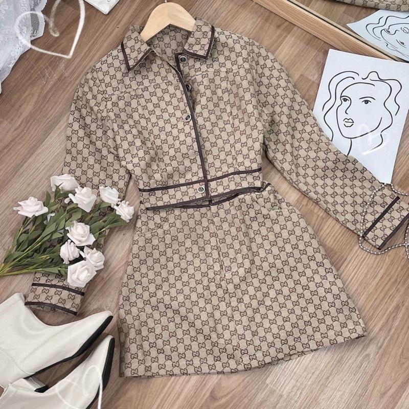 SET DẠ VIỀN CHÂN VÁY NÂU GU CHÌ