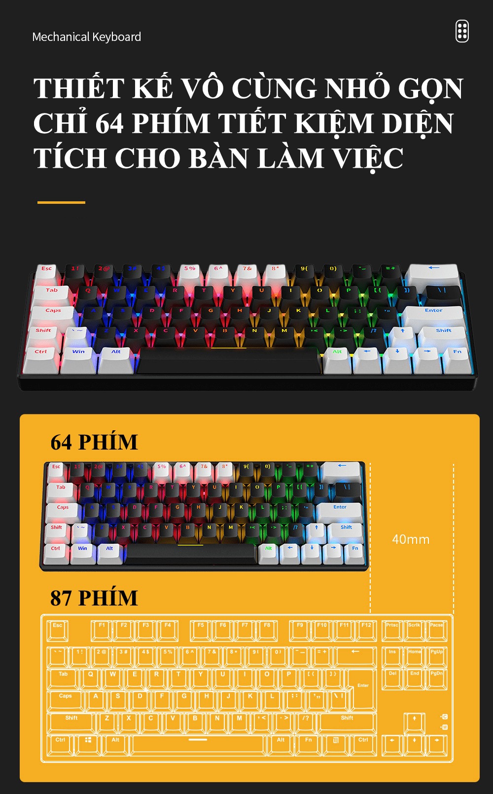 Bàn phím cơ Blue Switch ZIFRIEND KA6406 với thiết kế mini size vô cùng nhỏ gọn kèm theo đèn led RGB - HÀNG CHÍNH HÃNG