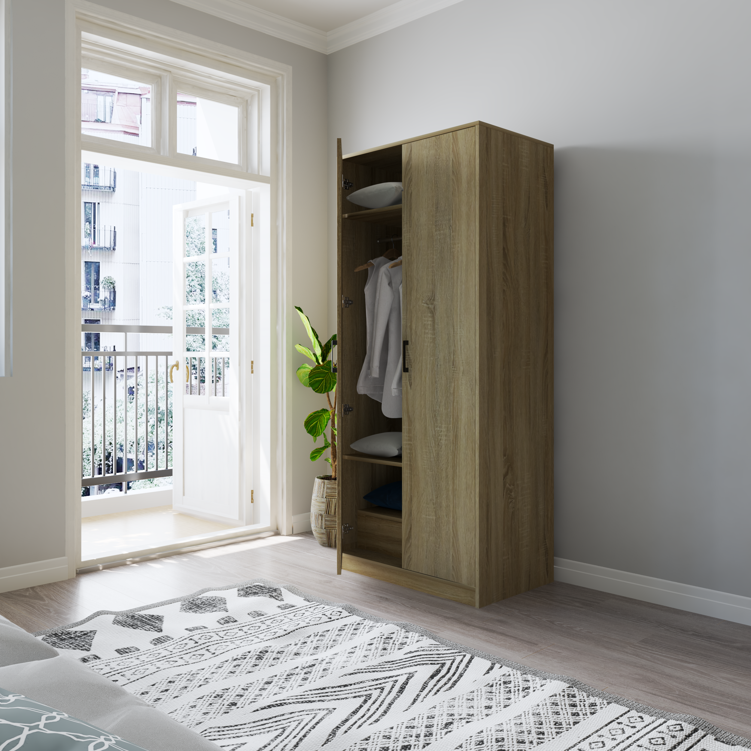 HAPPY FURNITURE , HEINEE - Tủ quần áo 2 cửa mở, TCM_216 , 80cm x 54cm x 190cm DxRxC, sản phẩm phổ thông