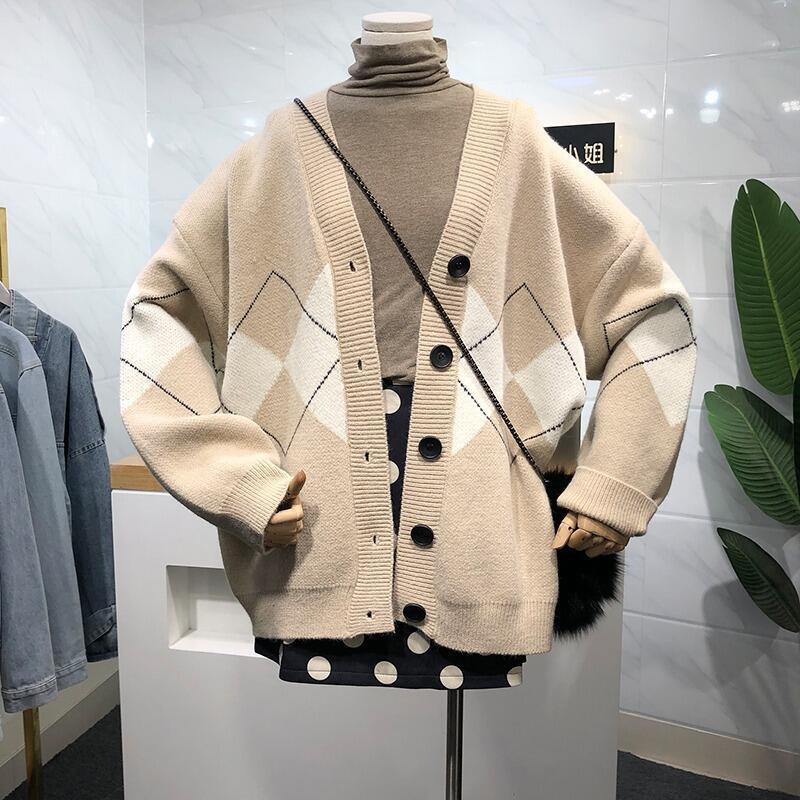 Áo khoác len cardigan nữ Quảng châu họa tiết hình thoi kim cương trám caro xanh phong cách hàn quốc vintage ulzzang G-15