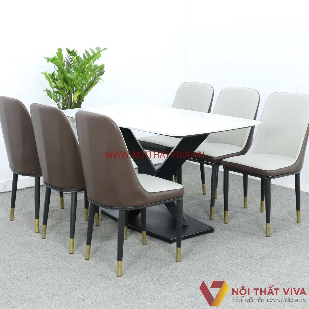 Bộ Bàn Ăn 6 Ghế Bọc Nệm Chân Chữ X Sơn Tĩnh Điện Mặt Đá Trắng Hiện Đại
