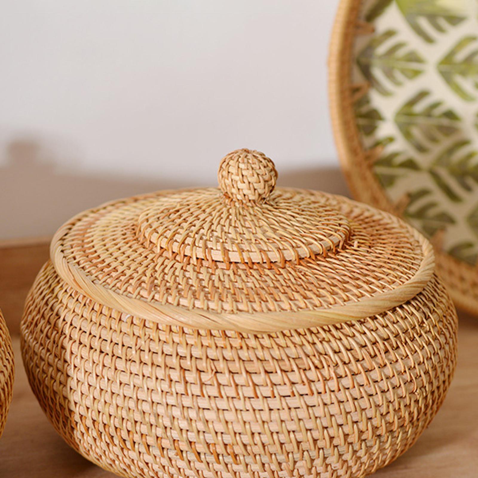 Rattan Box Storage Tray Woven Basket with Lid Bins for Picnics