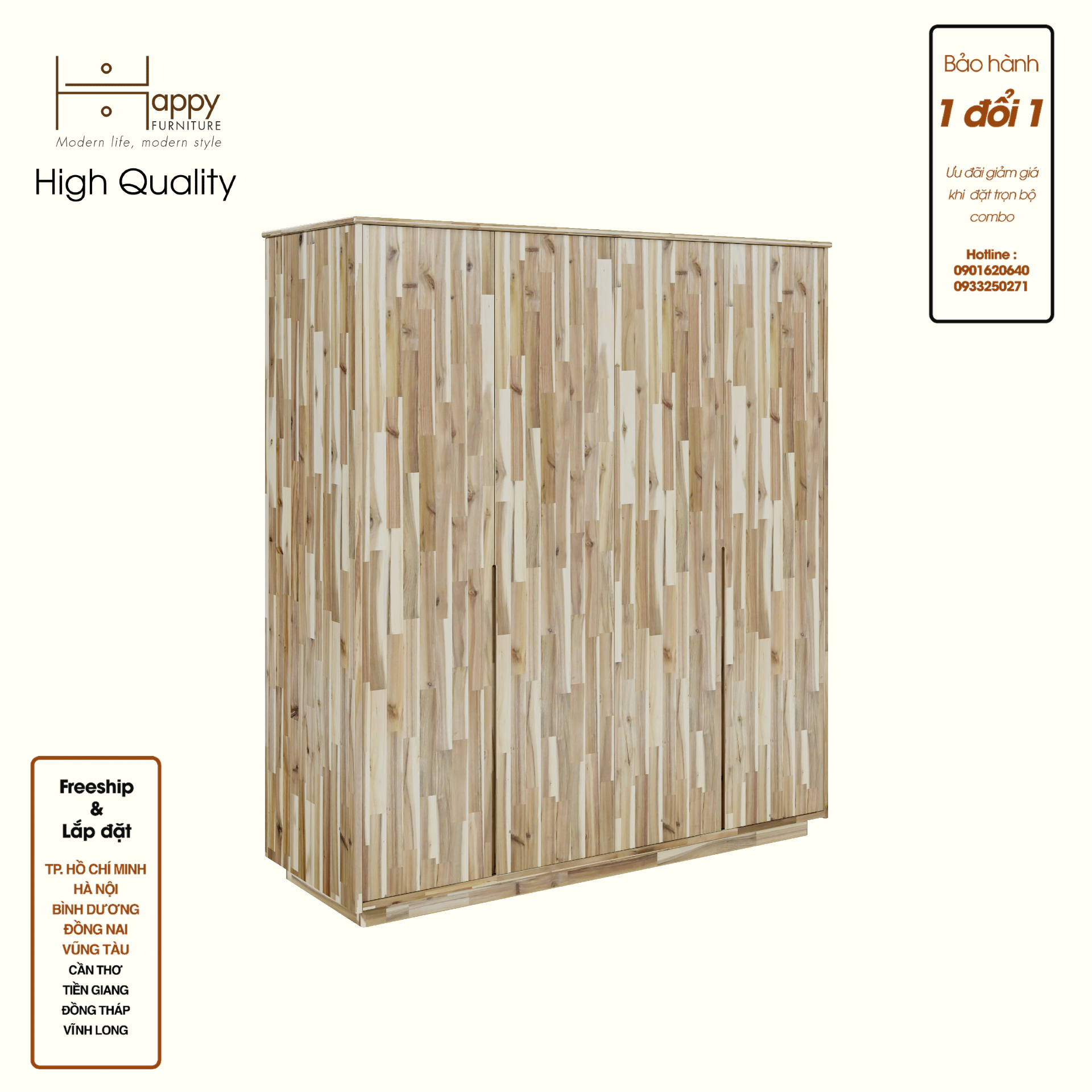 HAPPY FURNITURE , gỗ tự nhiên , Tủ quần áo 4 cửa mở - GALI , TCM_192 , 160cm x 54cm x 176cm