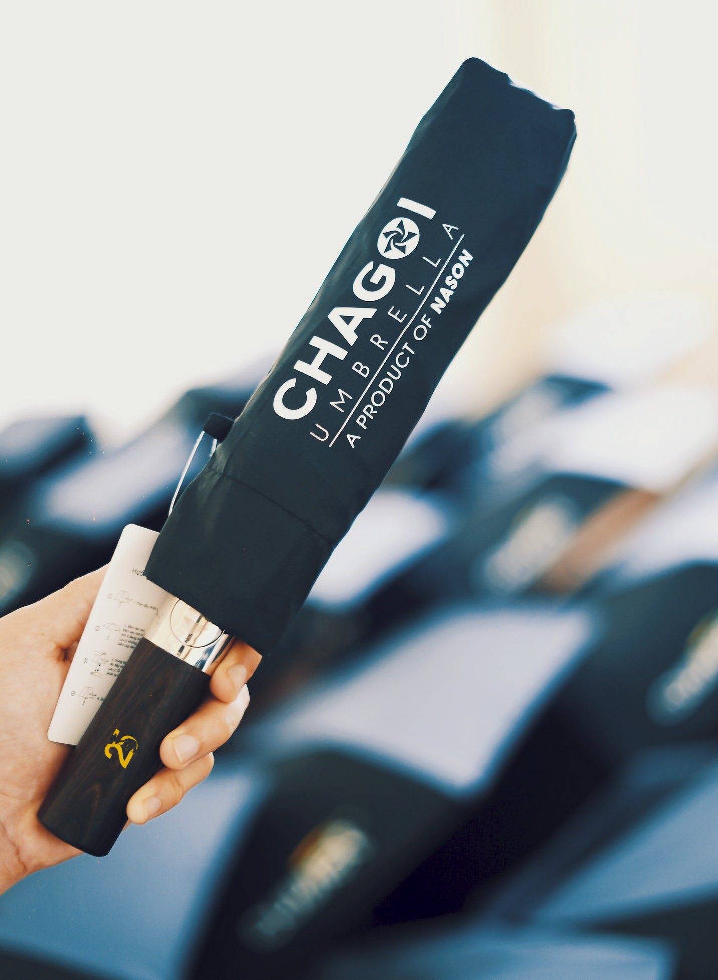 Dù tự động gấp gọn Nason Umbrella Chagoi cán gỗ hiếm, khắc tên, logo dát vàng, dù gấp gọn che nắng che mưa chống tia UV