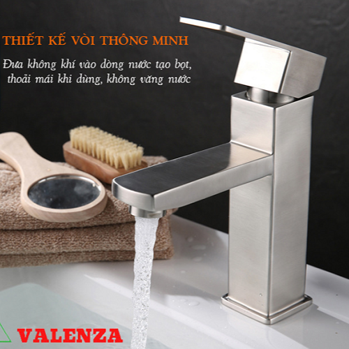 Vòi lavabo nóng lạnh inox sus304 Valenza LV01 thân vuông kèm dây cấp nước-hàng chính hãng
