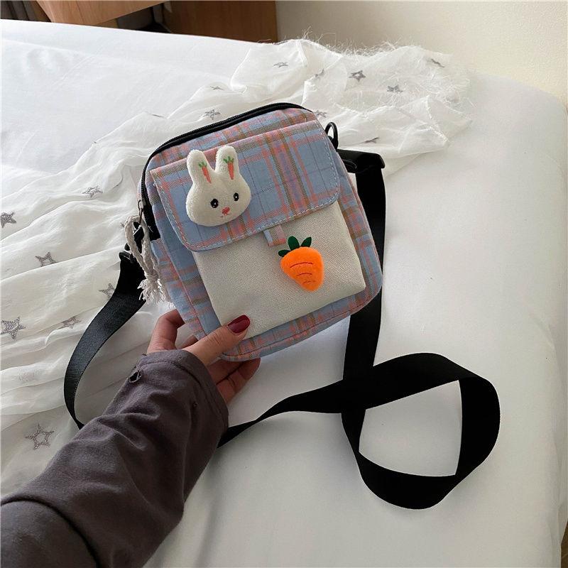 Canvas Bag All-Match Messenger Bag Cartoon Cute Plaid Shoulder Bag Fashion