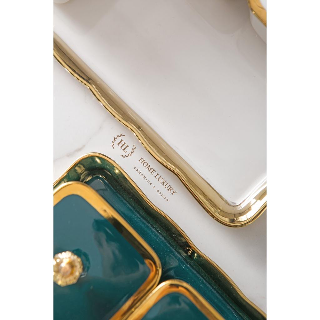 Bộ Mứt Sứ Chữ Nhật Decor Siêu Xinh | Khay đựng bánh kẹo mứt tết 5 ngăn sứ có nắp Cao Cấp Hàn Quốc