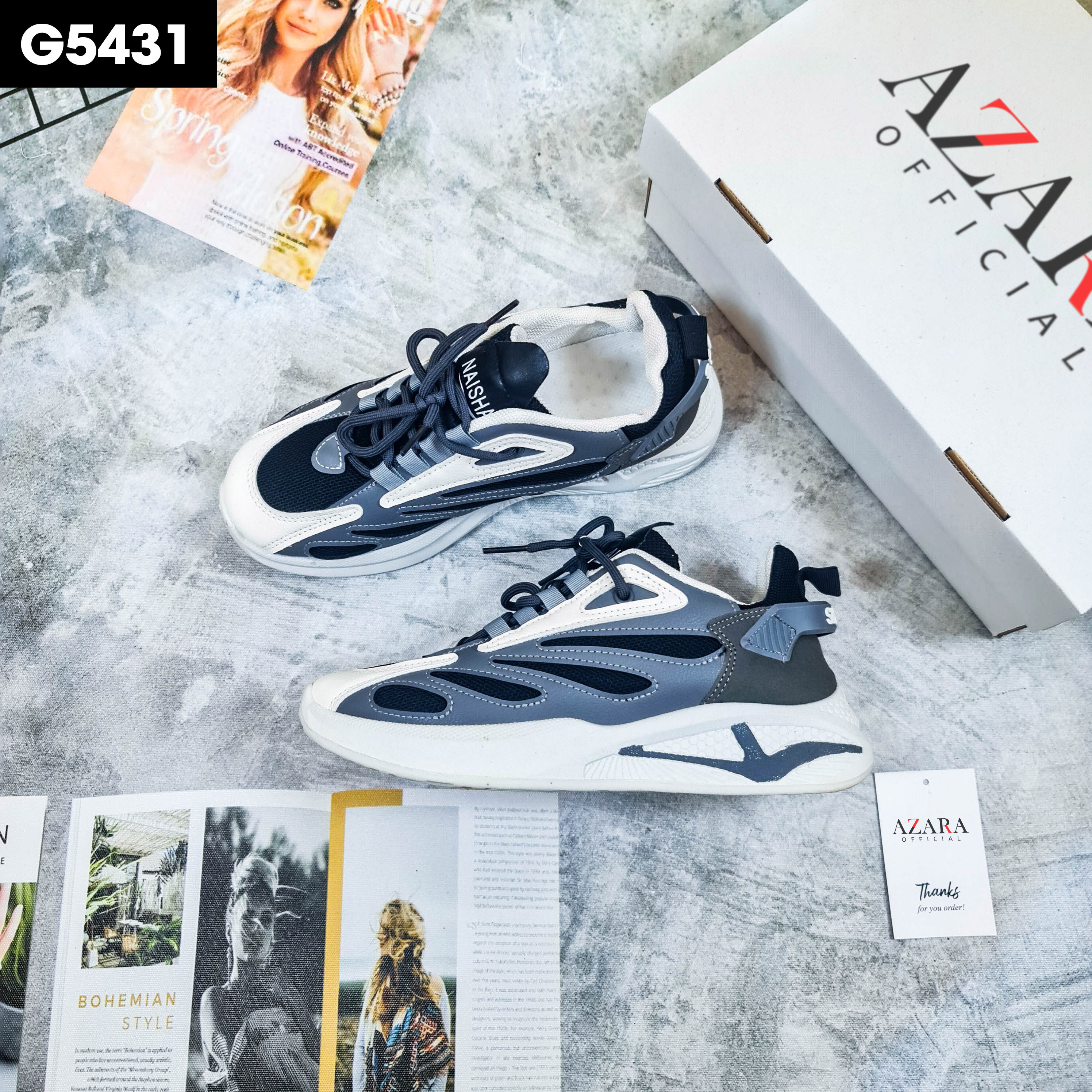 Giày Thể Thao Nam AZARA- Sneaker Màu Trắng - Xám, Giày Thể Thao Chạy Bộ, Êm Chân, Phù Hợp Mọi Lứa Tuổi - G5436