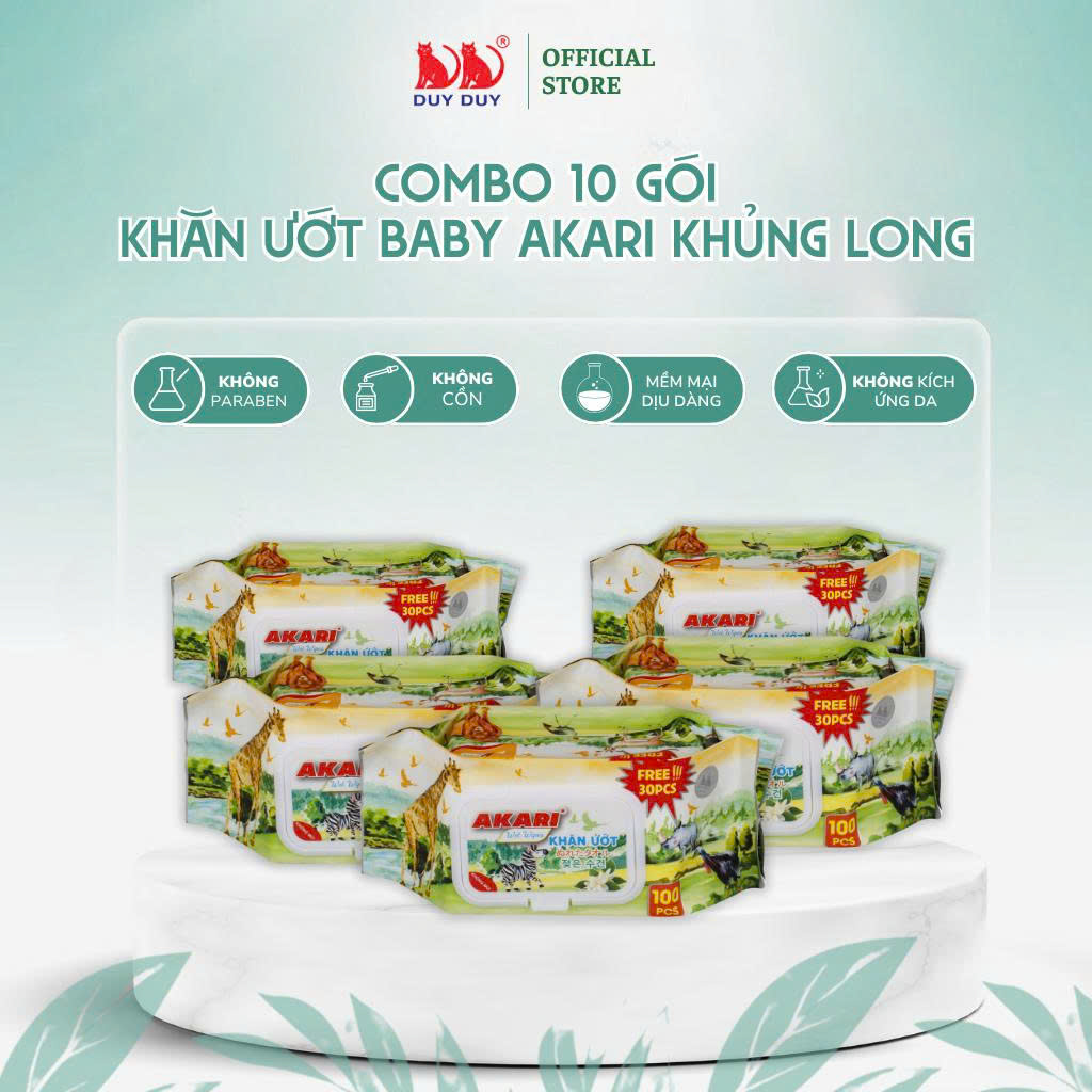 Combo 10 gói  Khăn ướt Akari khủng long vải không dệt rayon cao cấp 130 miếng (13.5x20cm) không paraben dành cho bé