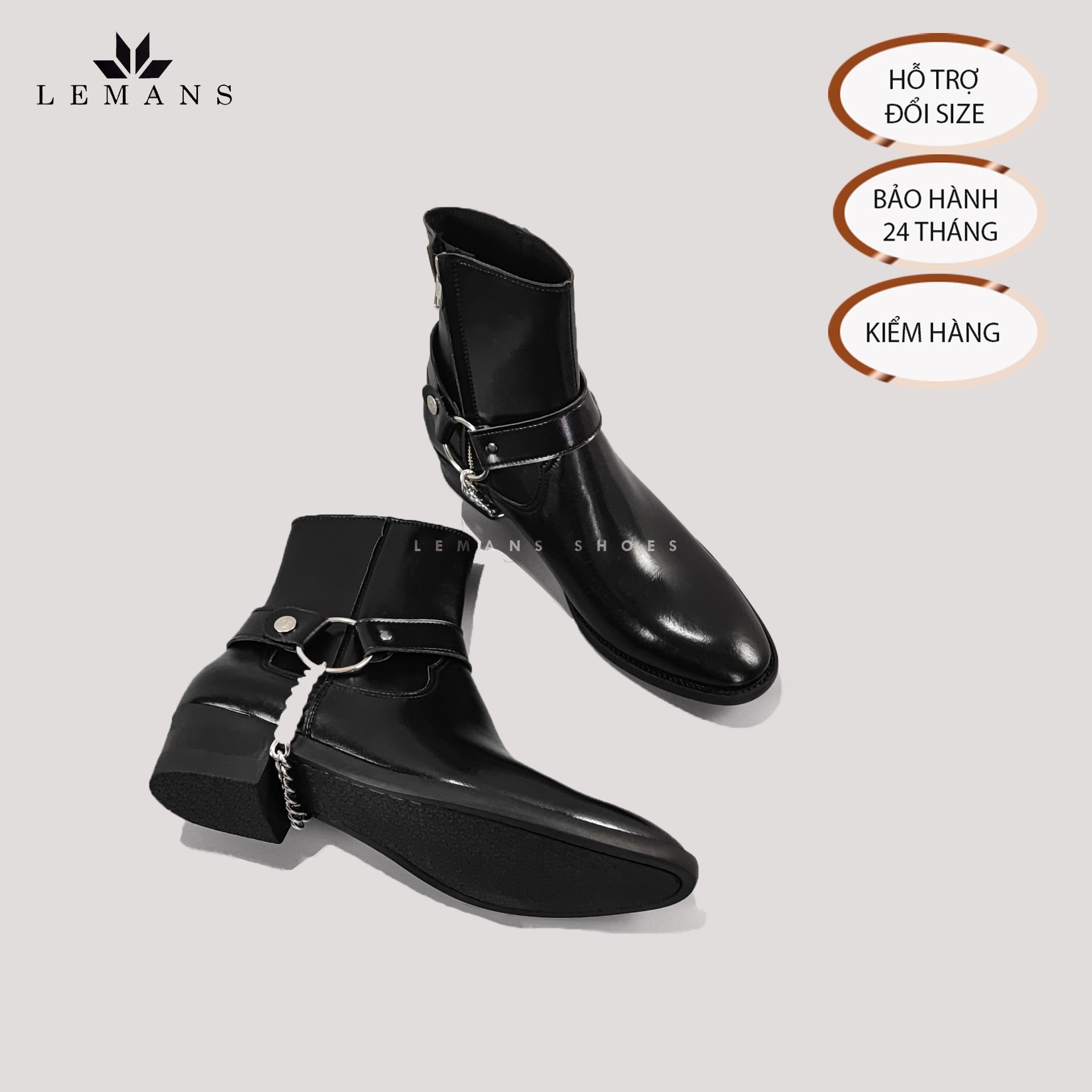 Giày da bò Zip Boots Black LeMans ZB01B, phối đai xích tạo thành 3 đôi Harness, bảo hành 24 tháng