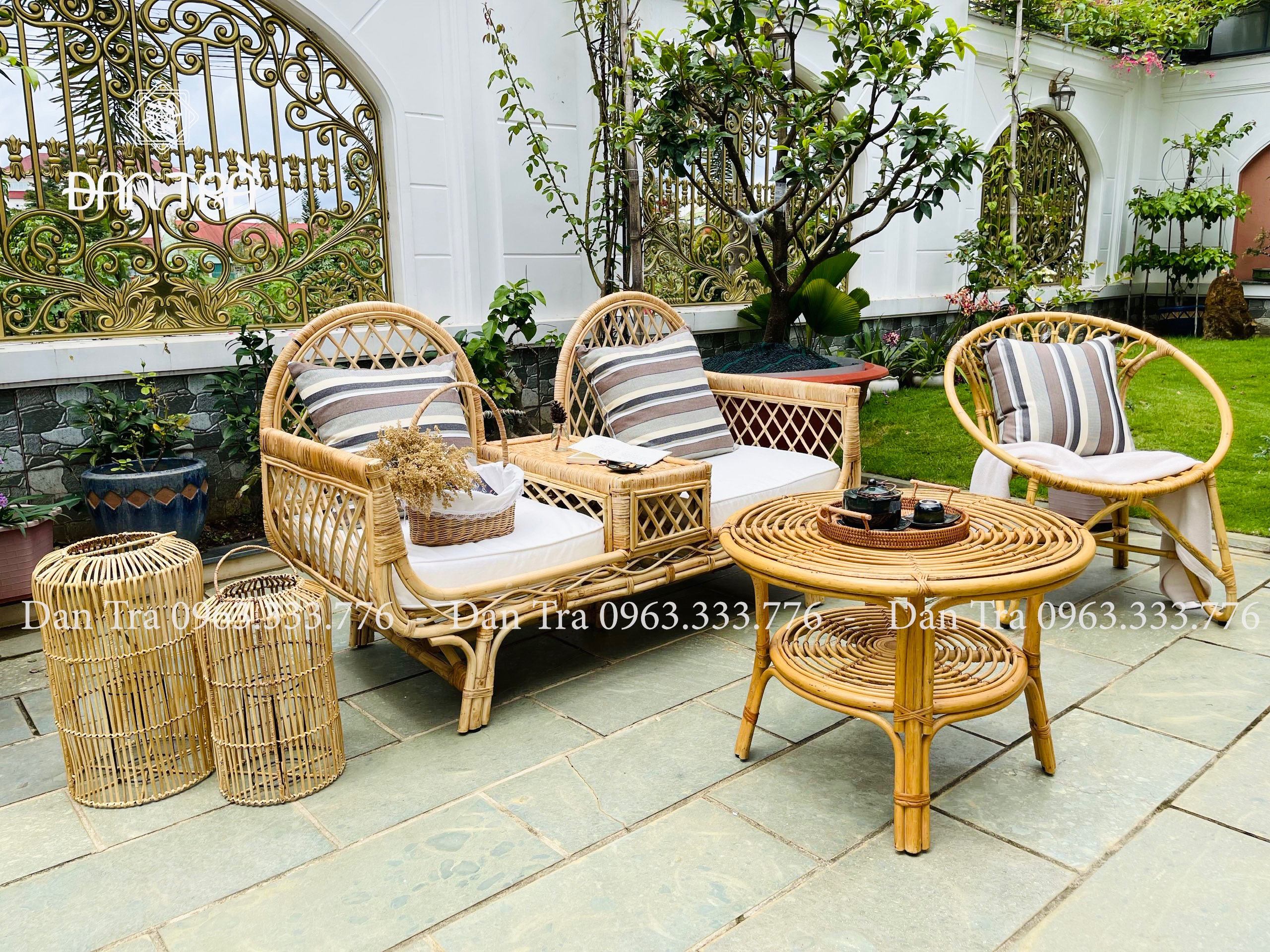 Ghế Sofa Mây Vintage 3 In1, Ghế Băng Mây Đôi 2 Người, Ghế Salon Mây Thư Giãn, Bàn Ghế Mây Tre ĐAN TRÀ